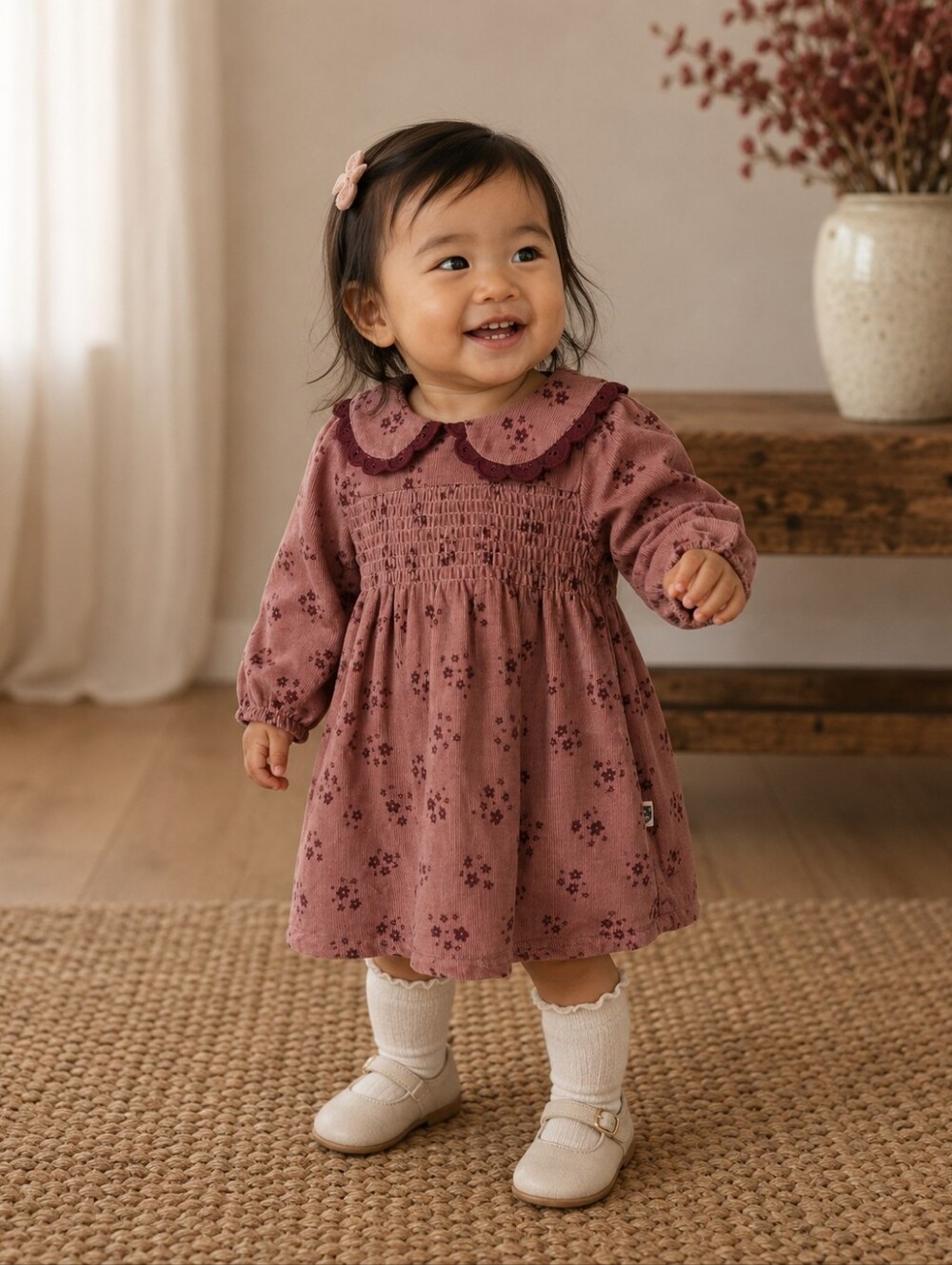 Rabbit + Bear Organic Baby Girls Corduroy Floral Smocked Dress 12M Cottagecore